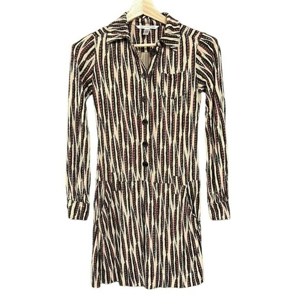 Diane von Furstenberg 100% Silk Tan Feather Pattern Button Long Sleeve Dress 4 - Picture 1 of 6